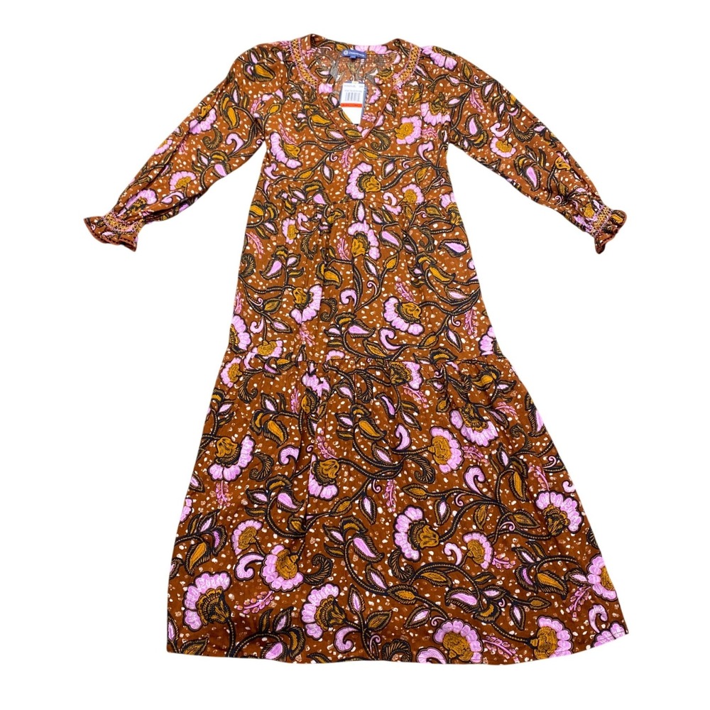 Democracy Womens XS Floral Paisley Tiered Boho Dress Brown Pink BH5165JX1E NWT
